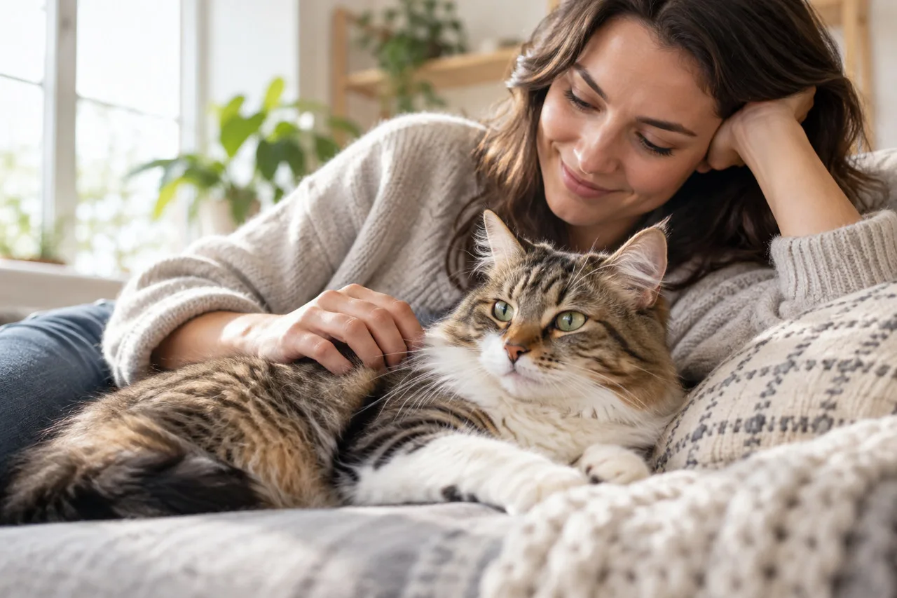 Owner resting with a tabby cat at home