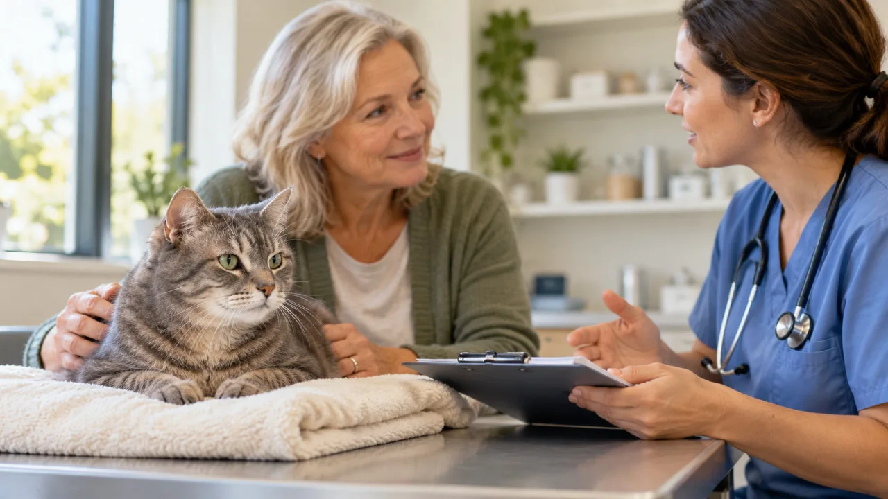 Veterinarian speaking with an owner beside a gray tabby cat